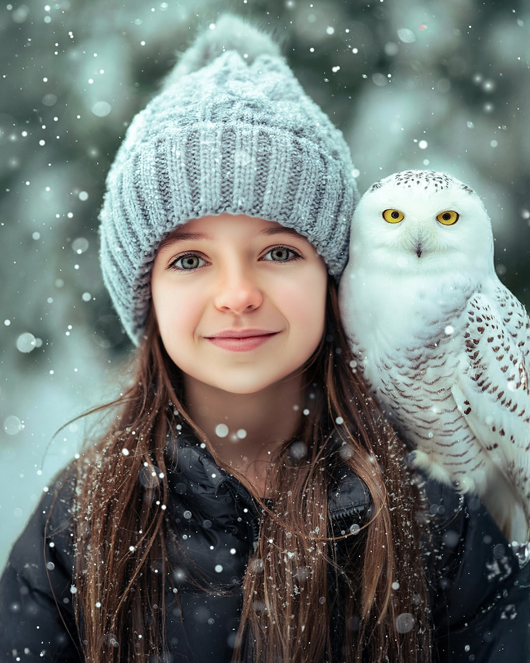 Retrato invernal de niña junto a un búho blanco